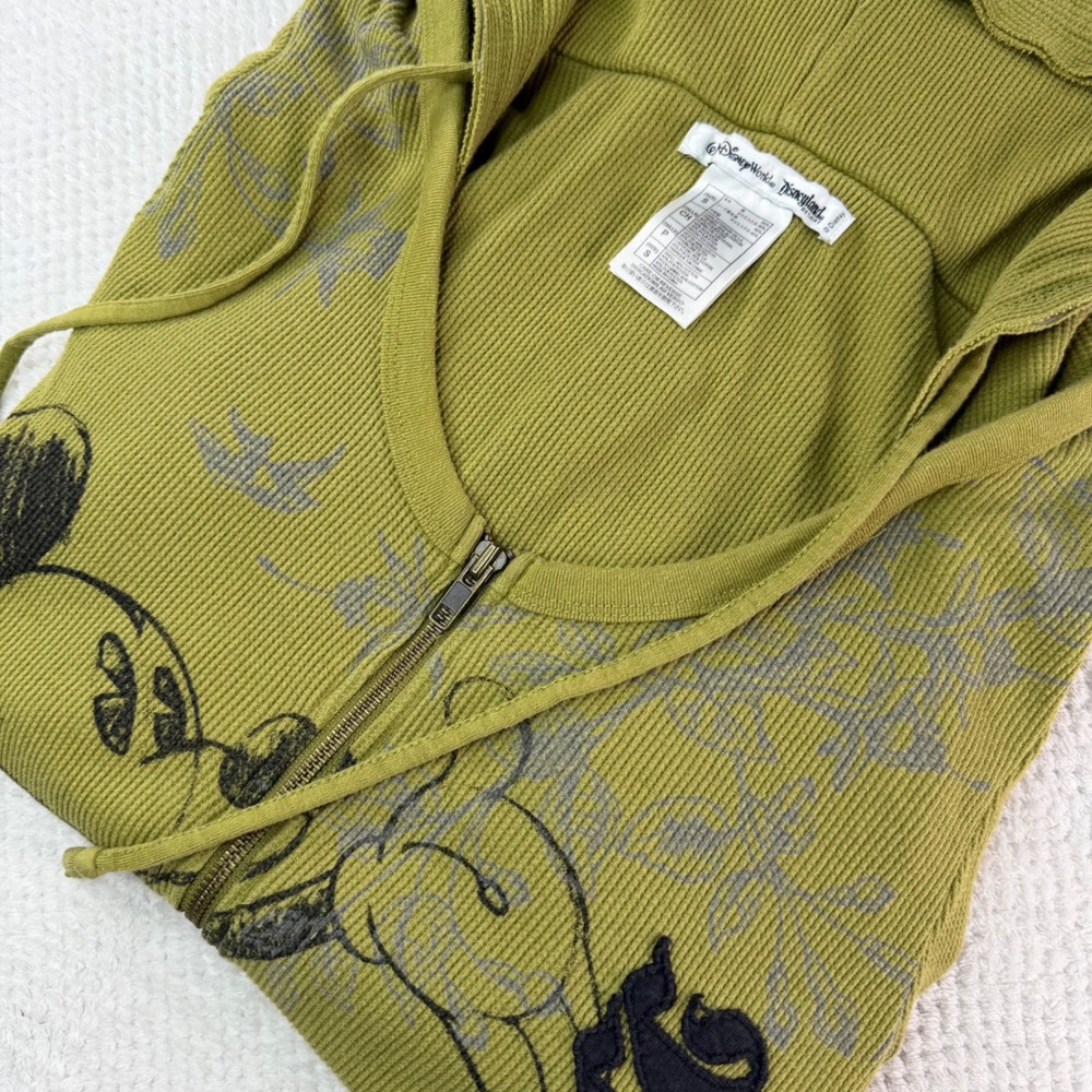 Disney Parks Mickey Mouse Waffle Knit Thermal Zip Hoodie Olive Green Small